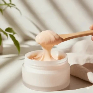A wooden spatula scooping a sorbet-like cleansing balm, showing the solid-to-oil transformation.