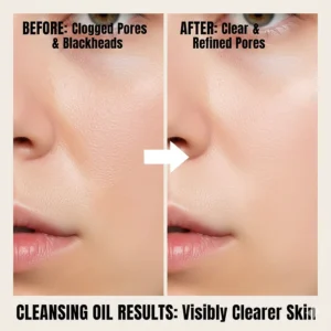 Before and after illustration showing a cleansing oil clearing blackheads and clogged pores.