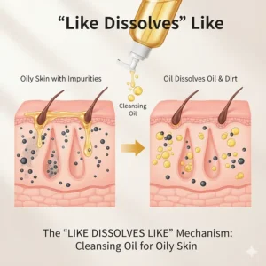 Diagram showing how cleansing oil dissolves excess sebum and oil-based impurities on the skin surface.