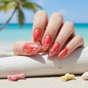 Intricate nail art design using coral nail polish with gold accents and floral patterns.