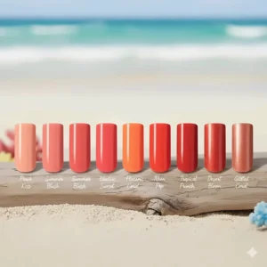 A comparison chart showing various coral nail polish shades from pastel peach to bright neon orange.
