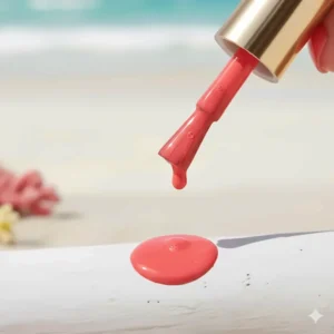 A macro shot of a wet coral nail polish brush and a smooth liquid swatch showing the formula texture.