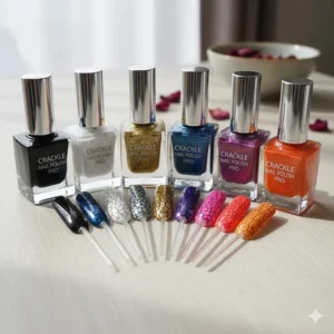 Swatches of various crackle nail polish colors, including black, white, and metallic shades, over different base colors.