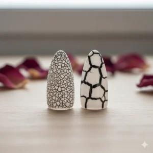 Close-up comparison of small versus large crackle patterns achievable with different formulations of crackle nail polish.