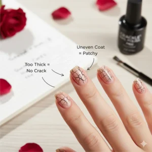 Image showing a common crackle nail polish mistake and troubleshooting tips to achieve an even cracked design.