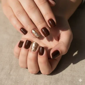 Elegant dark brown nail polish paired with gold foil accents and glitter.