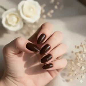 Deep chocolate dark brown nail polish providing a bold contrast on fair skin.