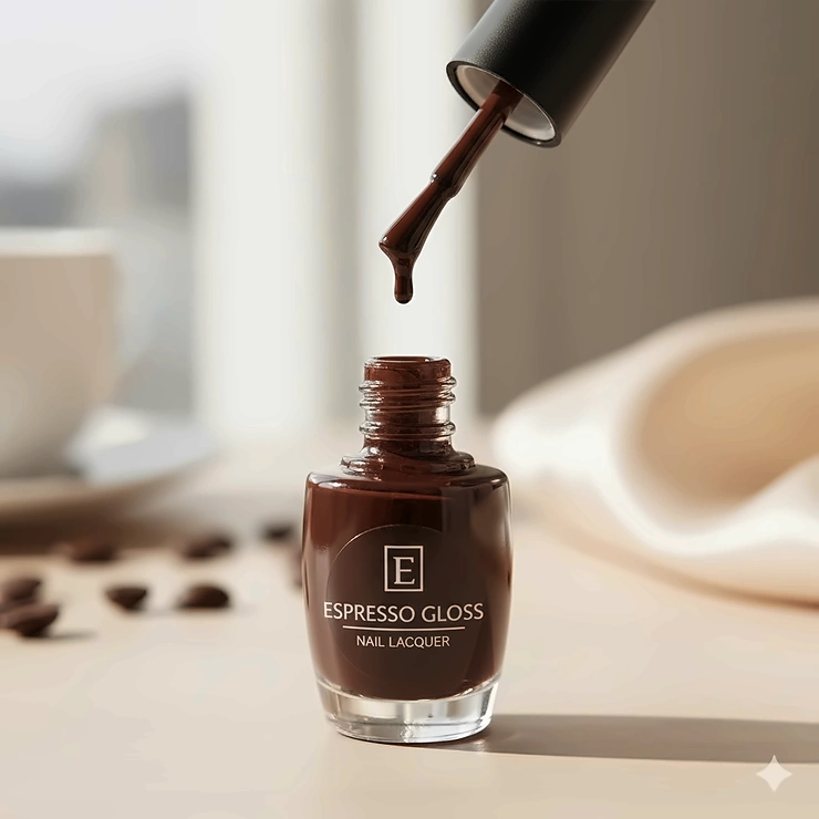 An open bottle of dark brown nail polish with the applicator brush showing the liquid texture.