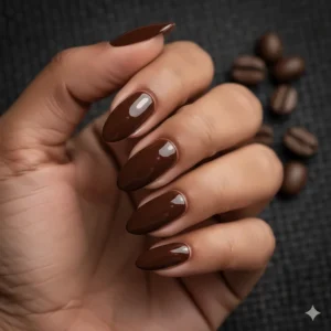 Rich espresso dark brown nail polish on a person with a deep skin tone.