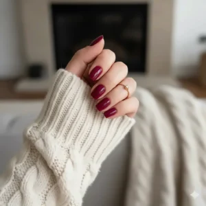 A hand wearing a chunky knit sweater, showcasing nails painted with a rich, dark magenta nail polish that complements the autumnal or winter aesthetic.