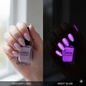 Illustration showing how pastel nail polish transforms into vibrant glowing colors at night.