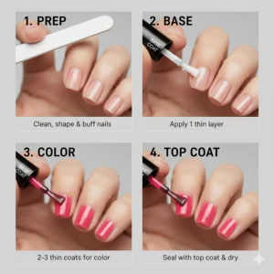 Step-by-step illustration showing the proper application of jelly nail polish for a smooth, bubble-free, see-through manicure at home.