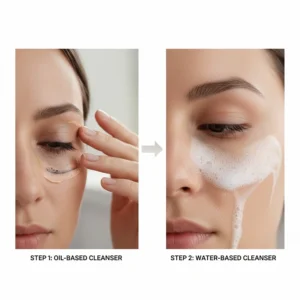 Diagram showing a cleansing balm as the first step in a double cleansing routine for clear skin.