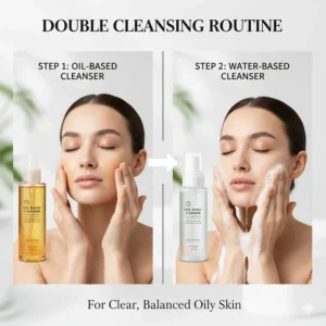 A workflow chart showing the two-step process of using the best cleansing oil for oily skin followed by a foaming gel.