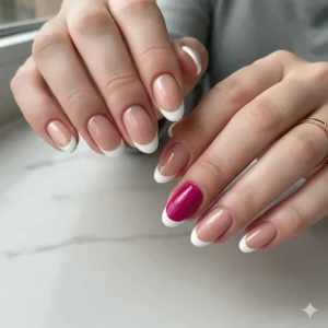 Elegant nail art featuring a classic nude base with a single ring finger painted entirely in a contrasting magenta nail polish for a modern accent.