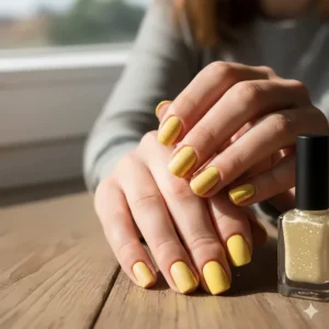 Close-up of a manicure featuring yellow nails finished with a subtle, shimmering glitter top coat.