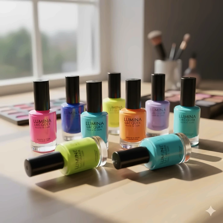 A collection of various glow in the dark nail polish bottles showing shades of neon pink, blue, and yellow.