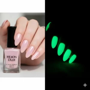 A side-by-side comparison of a professional manicure with glow in the dark nail polish in daylight and glowing neon green in the dark.