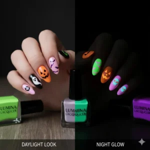 Spooky nail art designs featuring ghosts and pumpkins using glowing neon nail polish.