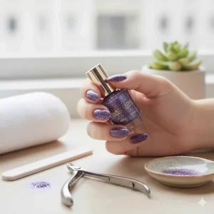 A hand gently holding the purple glitter nail polish bottle next to essential manicure tools.