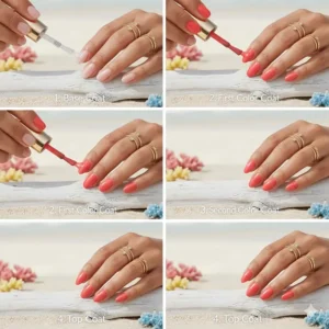 An illustration showing the step-by-step process of applying a base coat and coral nail polish for a streak-free finish.