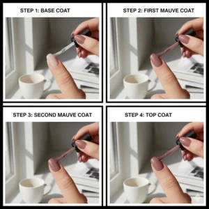 Step-by-step diagram illustrating the correct technique for applying mauve nail polish evenly and professionally.