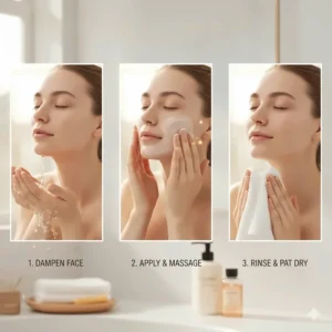 Step-by-step illustration of gently massaging a hydrating cleanser onto a damp face.