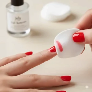 Picture demonstrating the process of removing jelly nail polish using a cotton pad soaked in acetone-free remover, ensuring nail health.