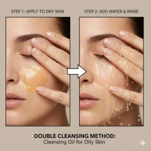 Illustration of the double cleansing method using a cleansing oil on dry skin followed by a water-based cleanser.