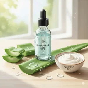 Close-up illustration of hyaluronic acid and aloe vera used in facial cleansers for dry skin.