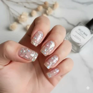 Image of a fun jelly manicure where small pieces of glitter or foil are encapsulated beneath the translucent jelly nail polish, a popular nail art technique.