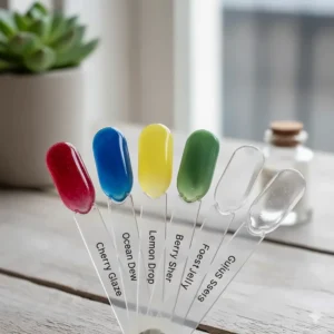 Swatch stick display of various popular jelly nail polish colors, including reds, blues, yellows, and clear top coats, demonstrating their sheer quality.