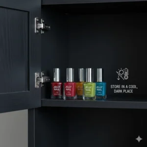 Simple diagram illustrating the best practices for storing bottles of jelly nail polish, emphasizing a cool, dark place to maintain formula consistency.