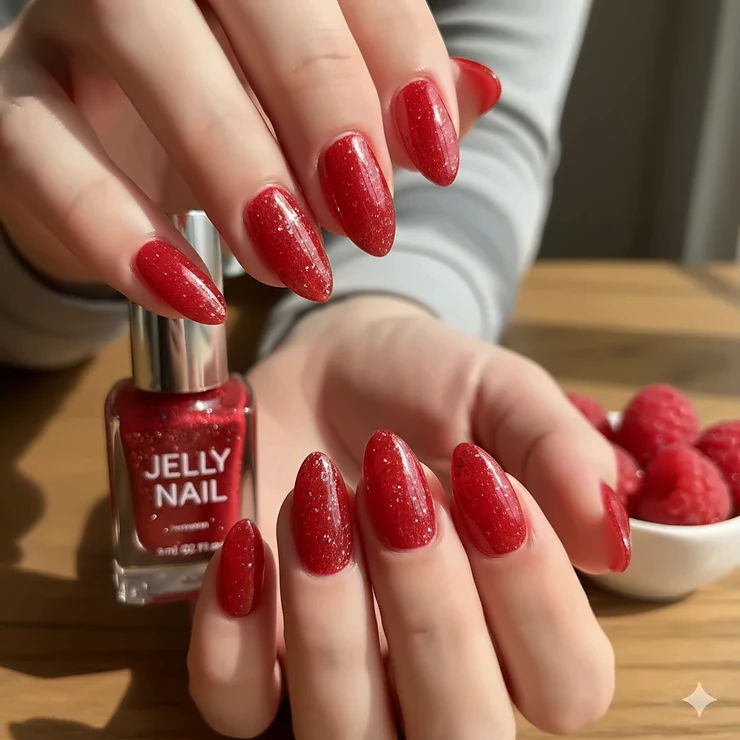 Close-up of glossy nails painted with vibrant pink jelly nail polish, highlighting the trendy, translucent, candy-like finish.