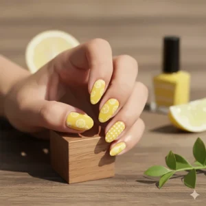 A fun nail art design featuring the lemon yellow nail polish combined with white accents, perfect for a fresh, zesty look.