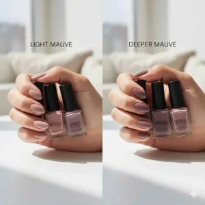 Swatches comparing light mauve nail polish shades against deeper, dusty rose tones to help readers choose their favorite.