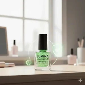 A graphic representing the long-lasting wear and chip-resistant formula of luminescent nail lacquer.