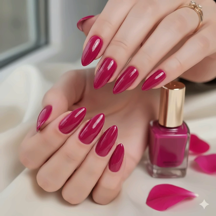 A close-up, high-definition photo of magenta nail polish applied flawlessly on almond-shaped nails, highlighting the vibrant color and glossy finish of the stylish manicure.