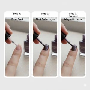 Step-by-step graphic showing the first three steps of application: base coat, first color layer, and the essential second coat of magnetic nail polish.