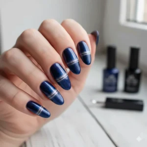 An example of the striking and popular cat eye effect pattern achieved with specialized magnetic nail polish application.