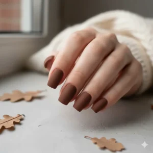 Hand with square-shaped nails wearing a modern matte brown nail polish in a chestnut shade.