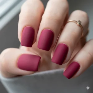A very close-up texture shot demonstrating the smooth, velvety look of magenta nail polish with a modern matte finish.