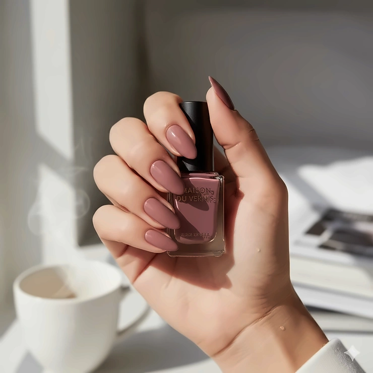 Mauve nail polish application on almond-shaped nails, showing a glossy, elegant finish perfect for a sophisticated look.