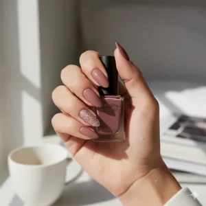 Close-up of a stylish manicure featuring a solid coat of mauve nail polish with a silver or rose gold glitter accent nail.
