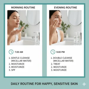 Infographic of a morning and evening skincare routine featuring the best micellar water for sensitive skin as the first step.