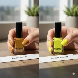 Comparison photo of two different yellow nail polish tones: a deep mustard yellow and a striking neon yellow.