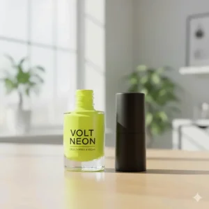 A studio product shot of a cruelty-free, vegan neon yellow nail polish bottle standing upright next to its cap.