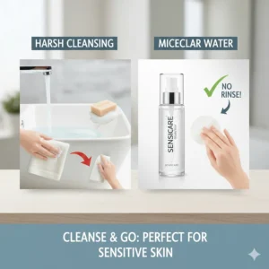 Graphic highlighting the convenience of the best micellar water for sensitive skin that requires no rinsing or harsh scrubbing.