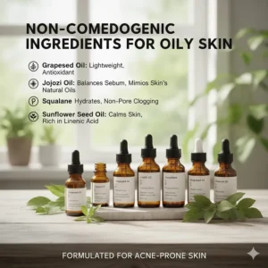 Infographic listing non-comedogenic oils like grapeseed and jojoba oil suitable for acne-prone skin.