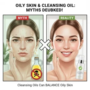 Illustration debunking the myth that people with oily skin should avoid oil-based cleansers.